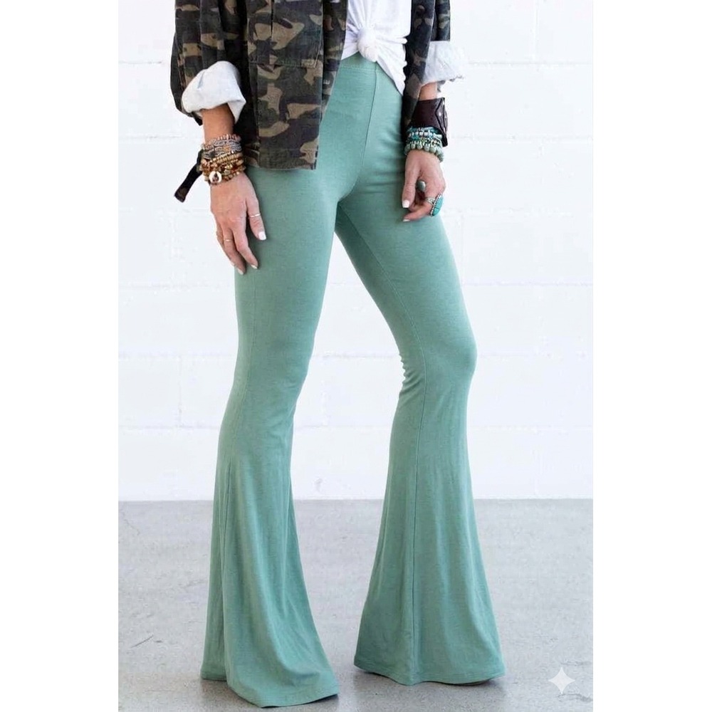 Three Bird Nest Pants Bell Bottom Medium Sage Green Boho Flare High Rise Stretch